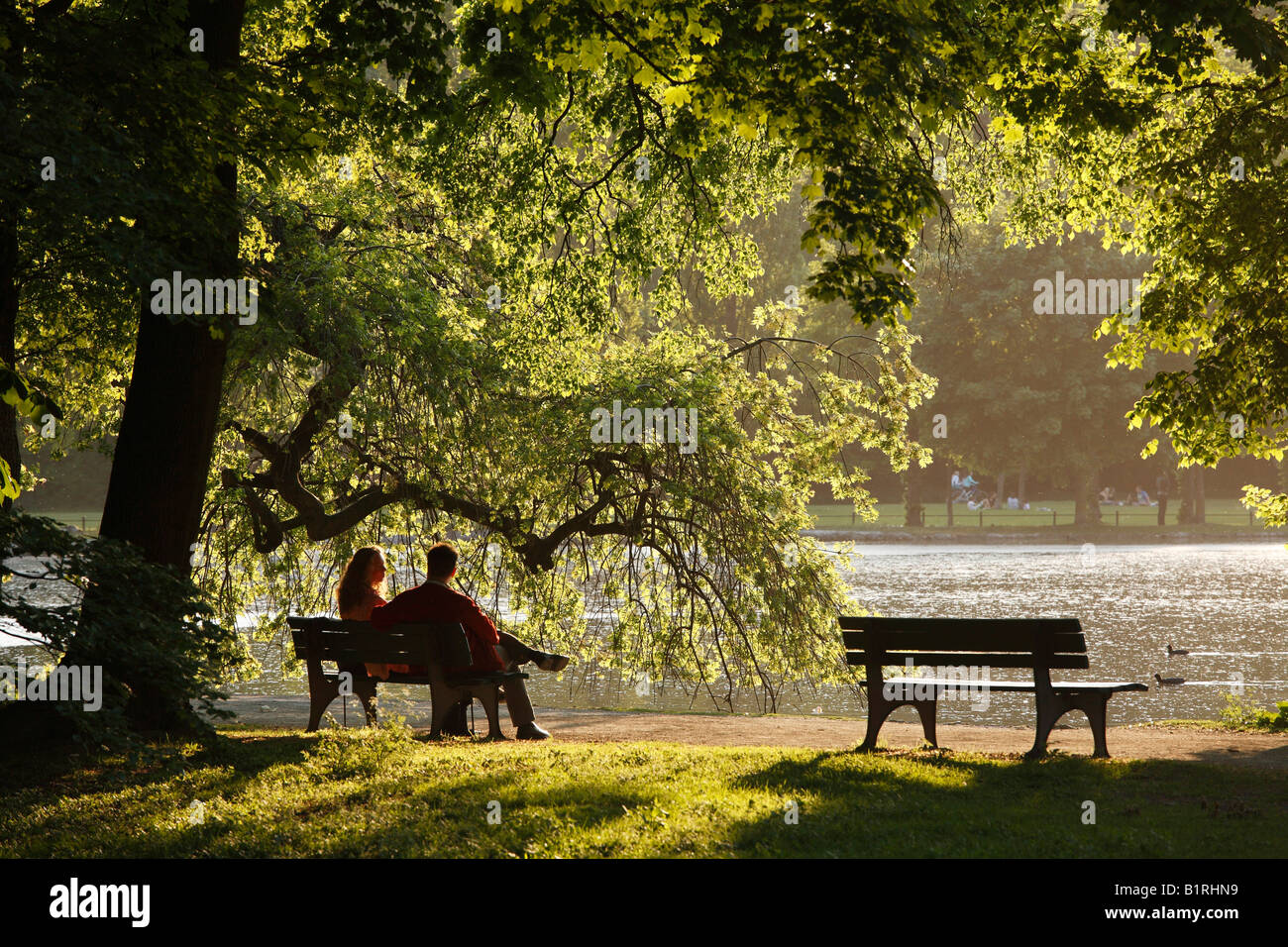Couple sitting on a park bench in the Englischen Garten, English Garden at Lake Kleinhesseloher See, Munich, Upper Bavaria, Ger Stock Photo
