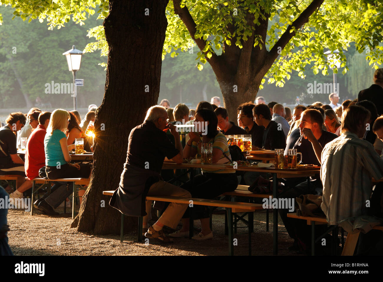 Seehaus Beer Garden on Lake Kleinhesseloher See, Englischer Garten, English Garden, Munich, Upper Bavaria, Germany, Europe Stock Photo