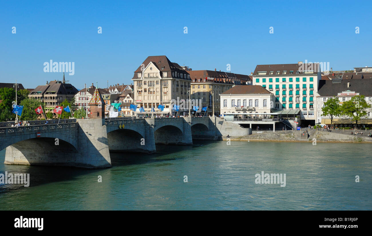 Rhine River Bridge and promenade, Basel, Canton of Baselstadt, Switzerland, Europe Stock Photo