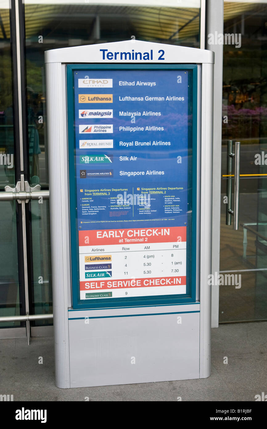 Information sign for check-in at Terminal 2, Changi Airport, Singapore, Southeast Asia Stock Photo