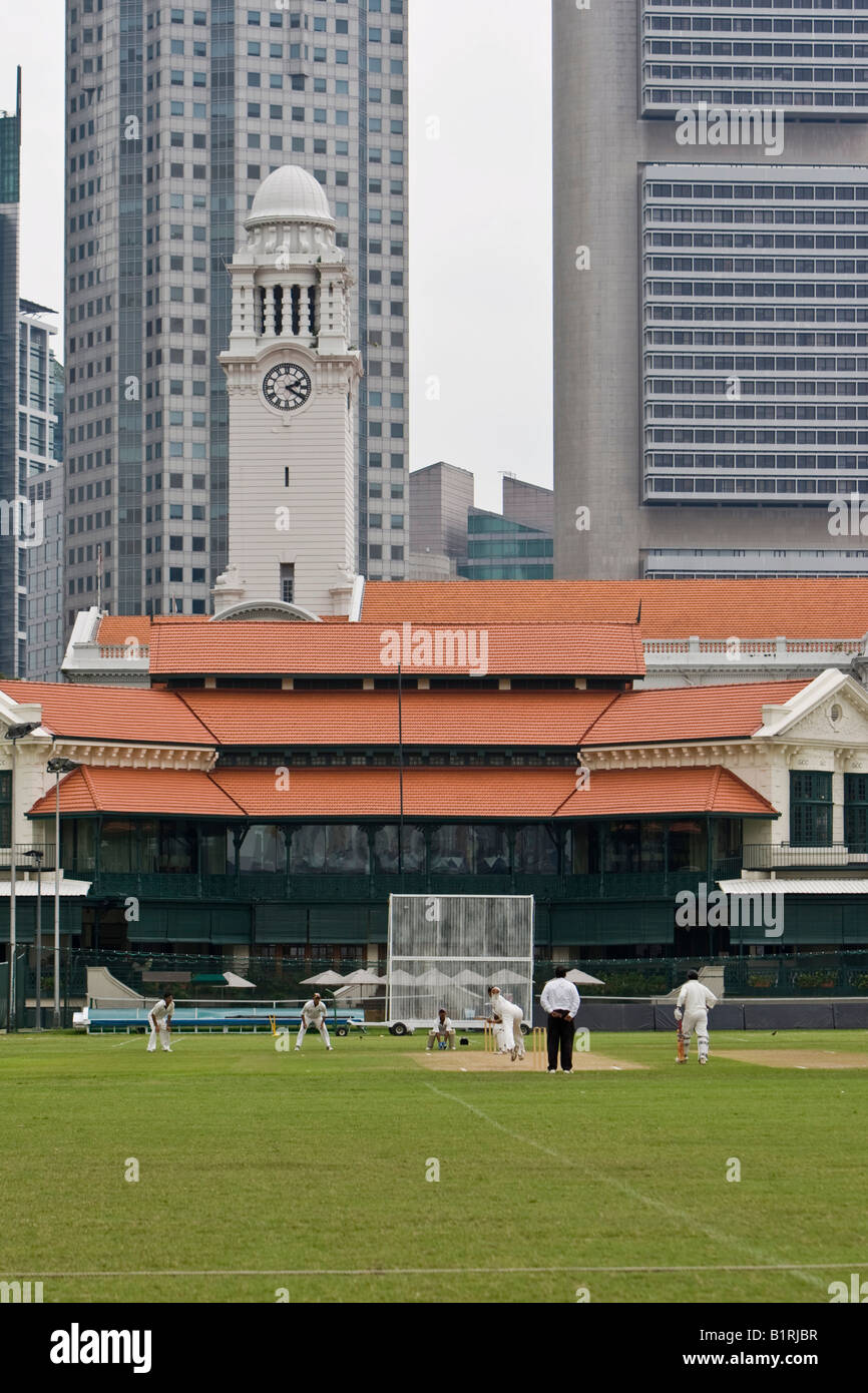 Cricket players playing on the cricket field of the Singapore Cricket Club, established in 1852, skyscrapers of the Singapore F Stock Photo