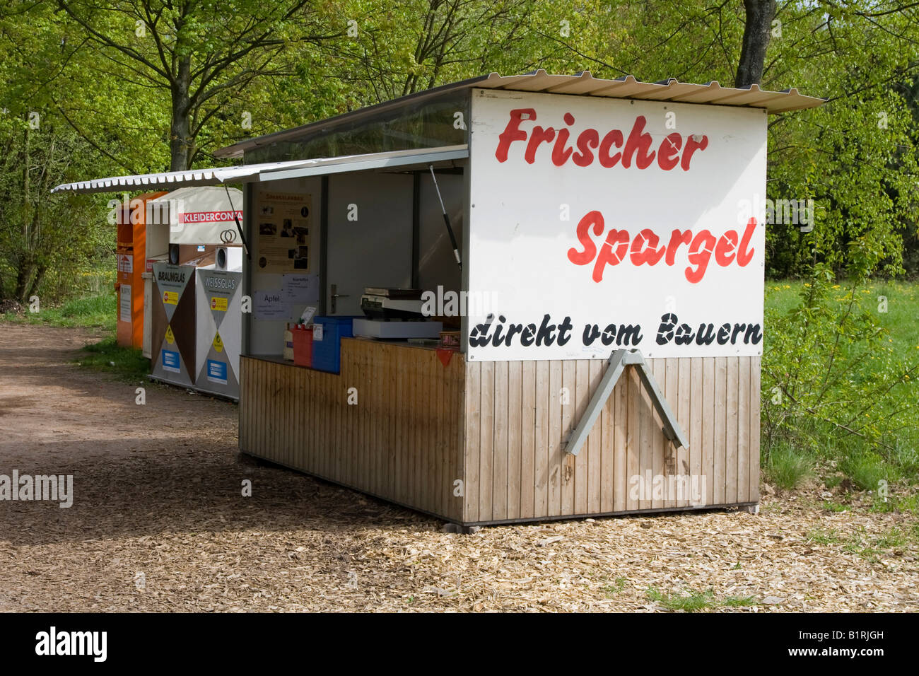 Asparagus sales booth, Bergstrasse mountain route, Hesse, Germany, Europe Stock Photo