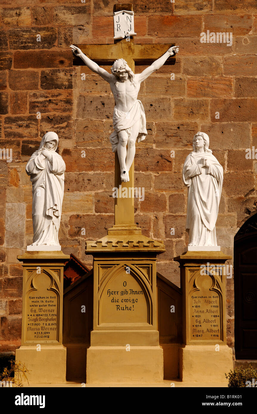 Statues of saints on gravestones, Effeltrich, Upper Franconia, Bavaria, Germany, Europe Stock Photo