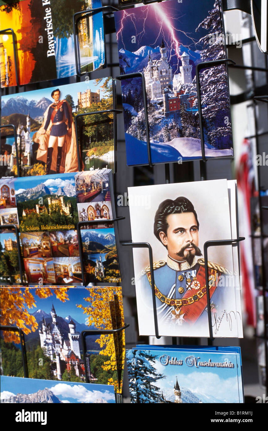 Picture postcards, Neuschwanstein castle, King Ludwig II, Fuessen, Bavaria, Germany Stock Photo