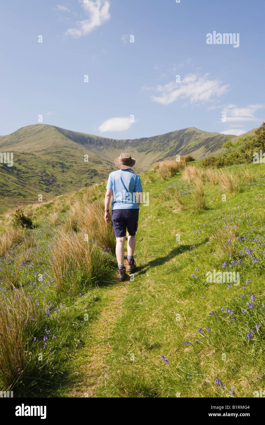 Cwm Pennant Gwynedd North Wales UK. Person walking on path in rural