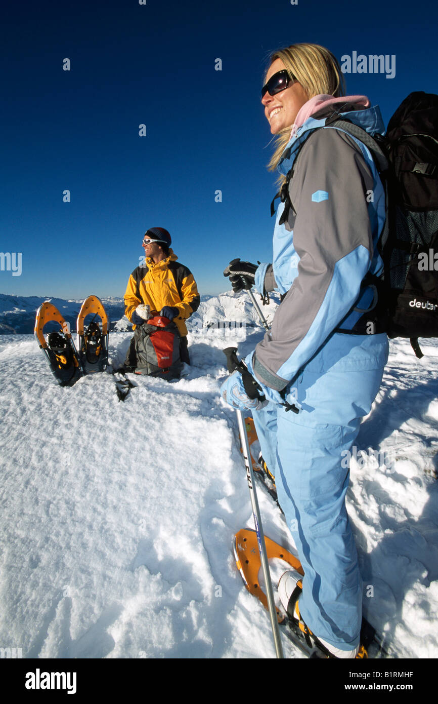 Snowshoe hiking, Weisshorn, Arosa, Graubunden, Switzerland Stock Photo