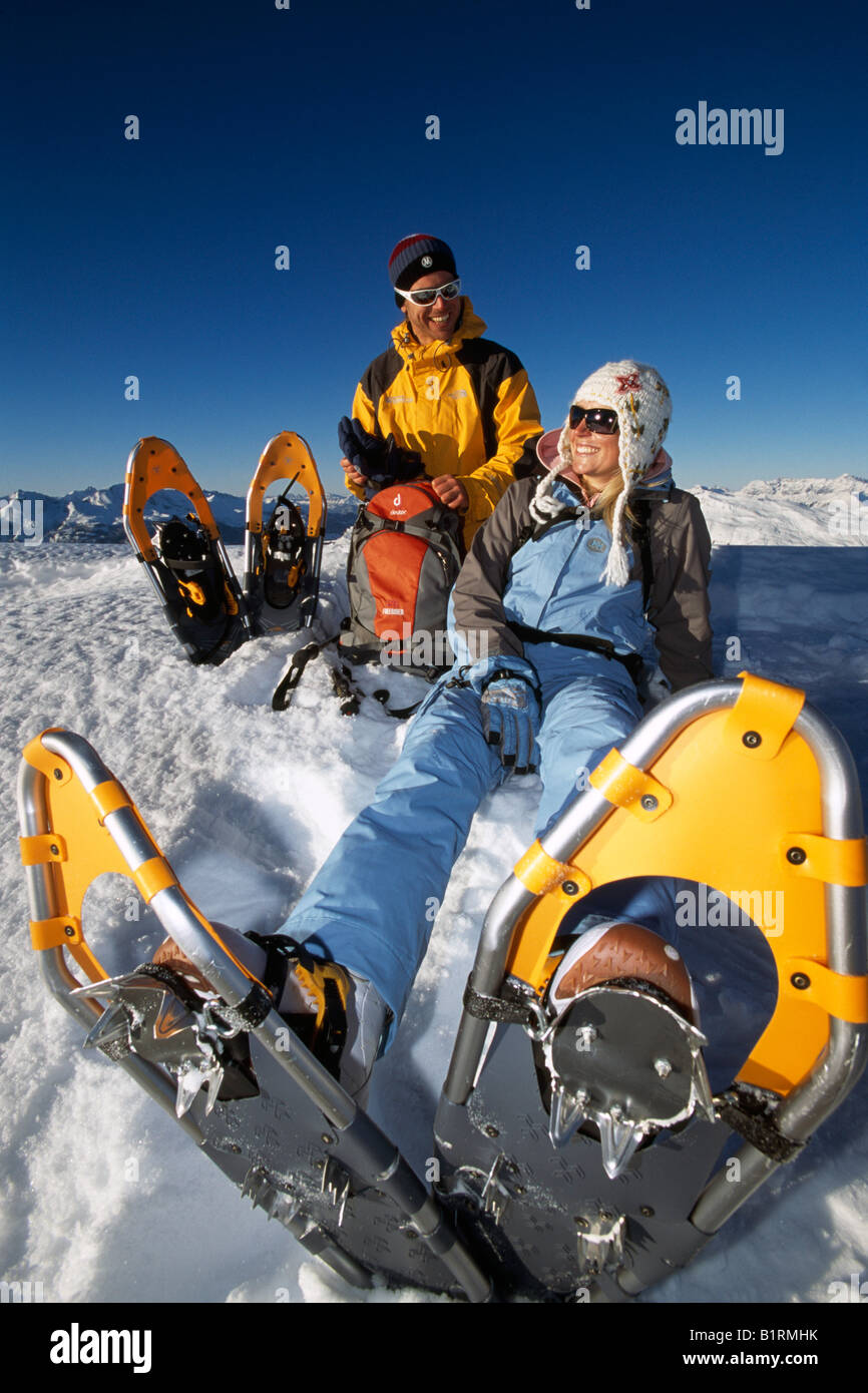Snowshoe hiking, Weisshorn, Arosa, Graubunden, Switzerland Stock Photo