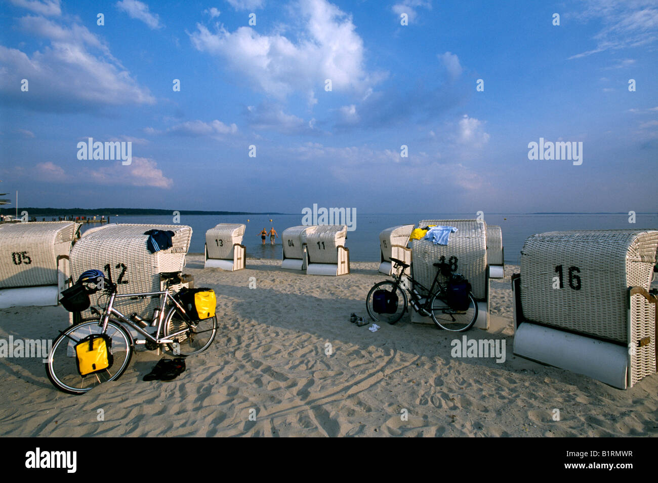 Bikers, beach chairs, Mueritz, Klink, Mecklenburg-Vorpommern, Germany Stock Photo