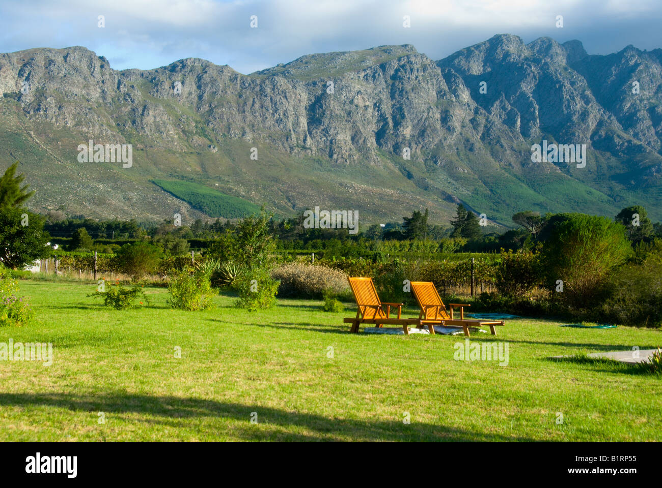 Scenic wine making valley in Franschhoek, South Africa with two deck