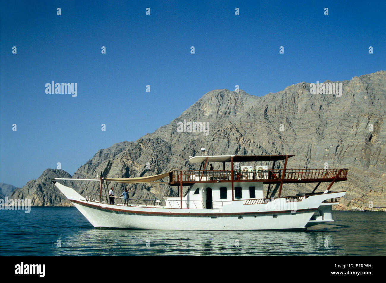 Diving boat in the Strait of Hormuz, Musandam, Oman, Arabia, Arabic Peninsula, Middle Asia, Asia Stock Photo