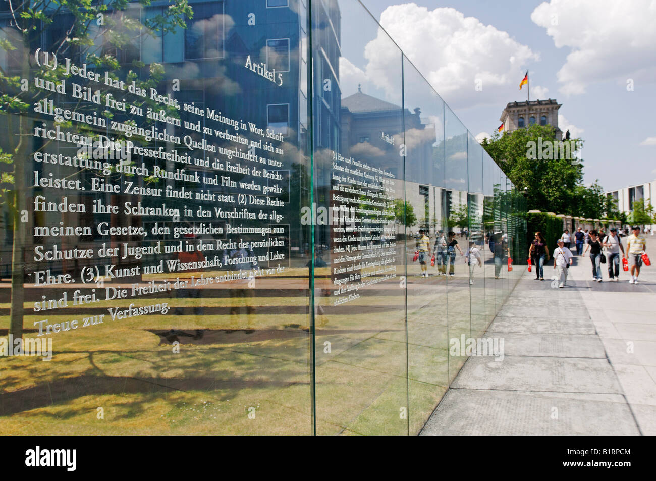 Boards with the paragraphs of the Grundgesetz, Basic Law for the Federal Republic of Germany, Reichstag building in the back, B Stock Photo