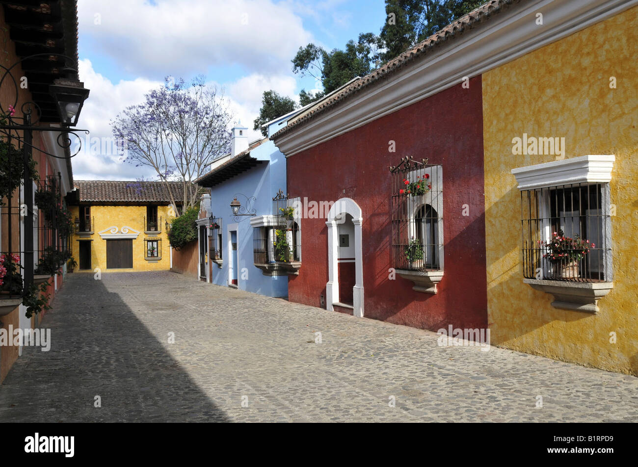 Colourful row of houses, Villa Colonial Hotel, Antigua Guatemala, Guatemala, Central America Stock Photo