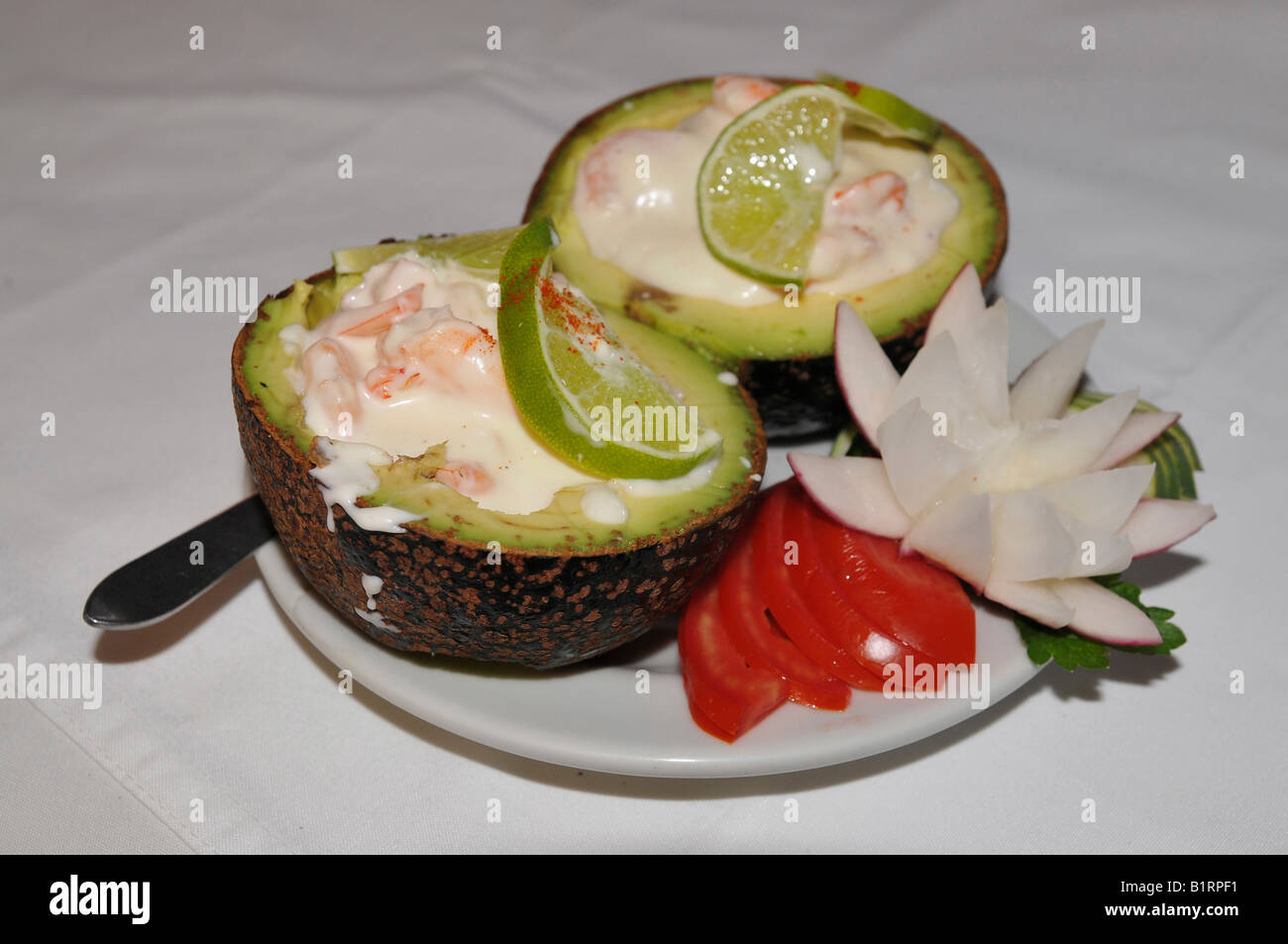 Shrimp filled avocado, Panajachel, Guatemala, Central America Stock Photo