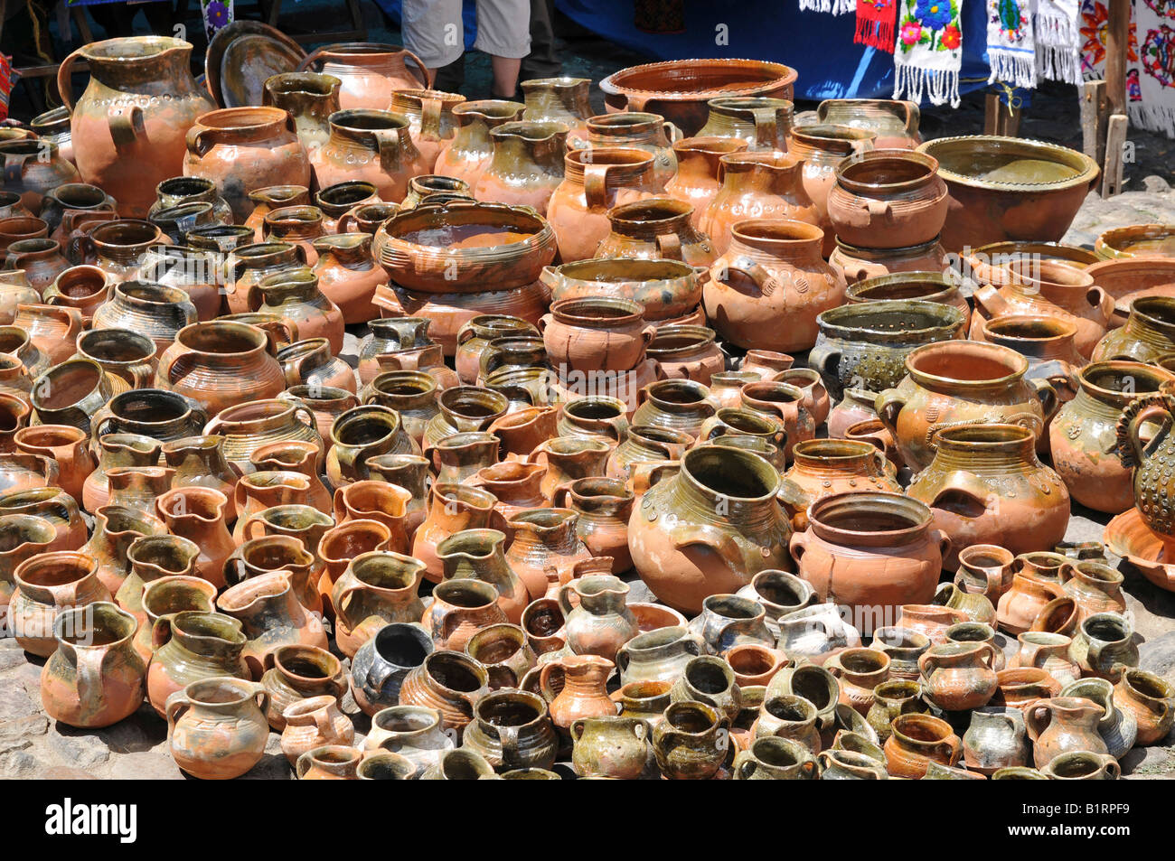 Clay pots sold at a street market in Chichicastenango, Guatemala, Central America Stock Photo
