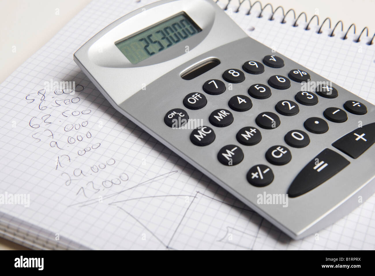 Calculator displaying the cost for the construction of a house Stock Photo