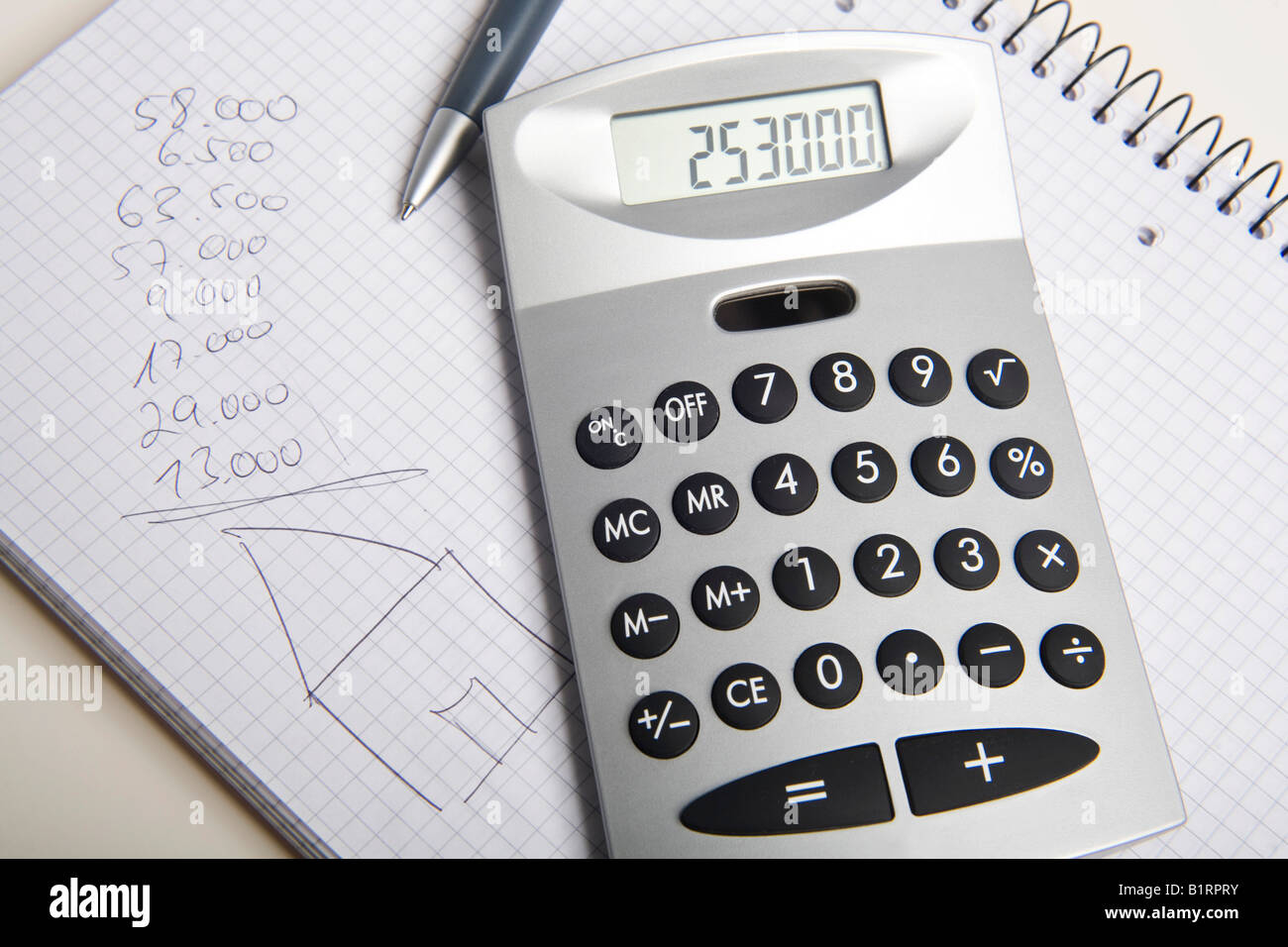 Calculator displaying the cost for the construction of a house Stock Photo