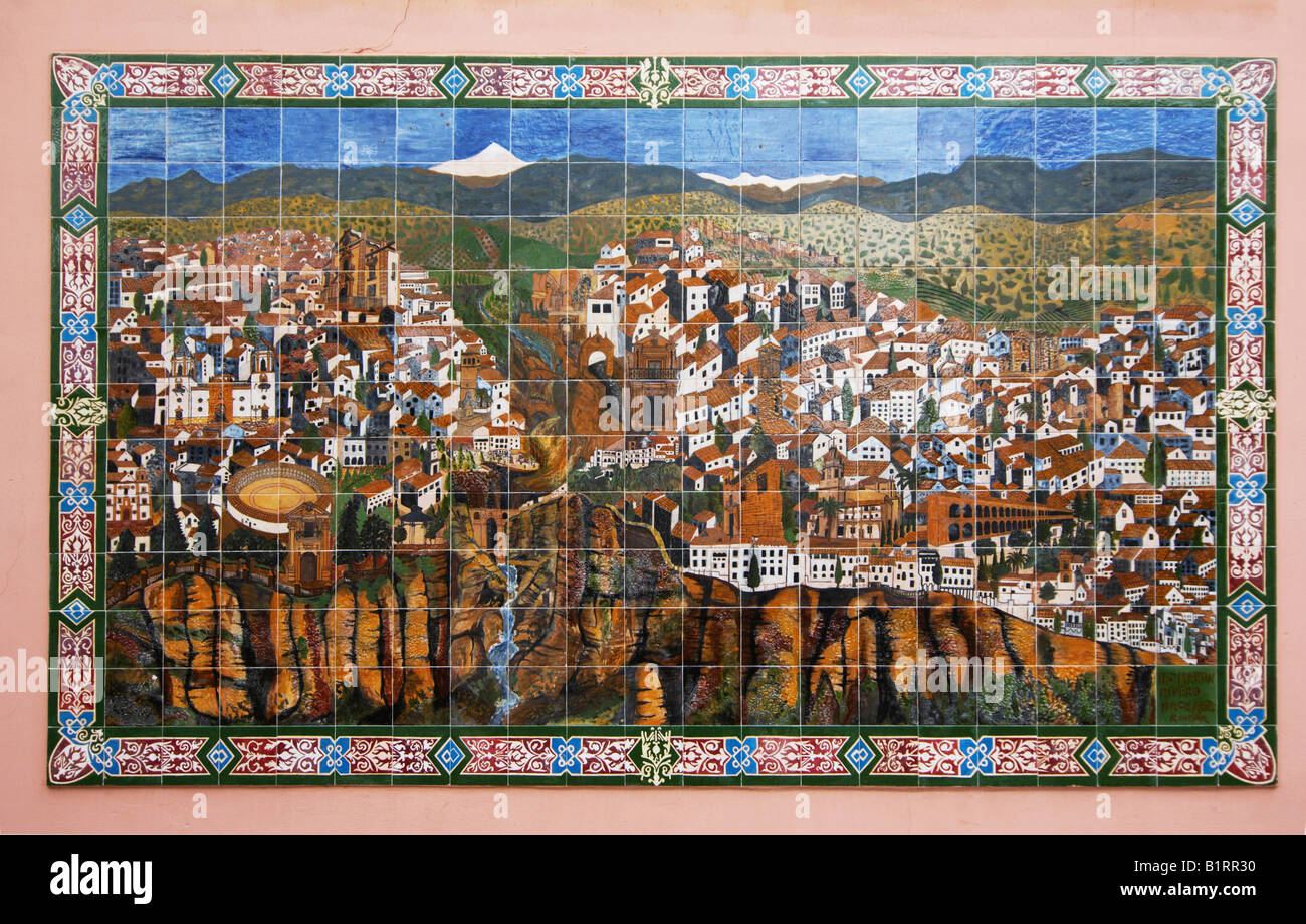 Portrait of the city of Ronda painted on ornate ceramic tiles, Ronda, Malaga Province, Andalusien, Spain, Europe Stock Photo