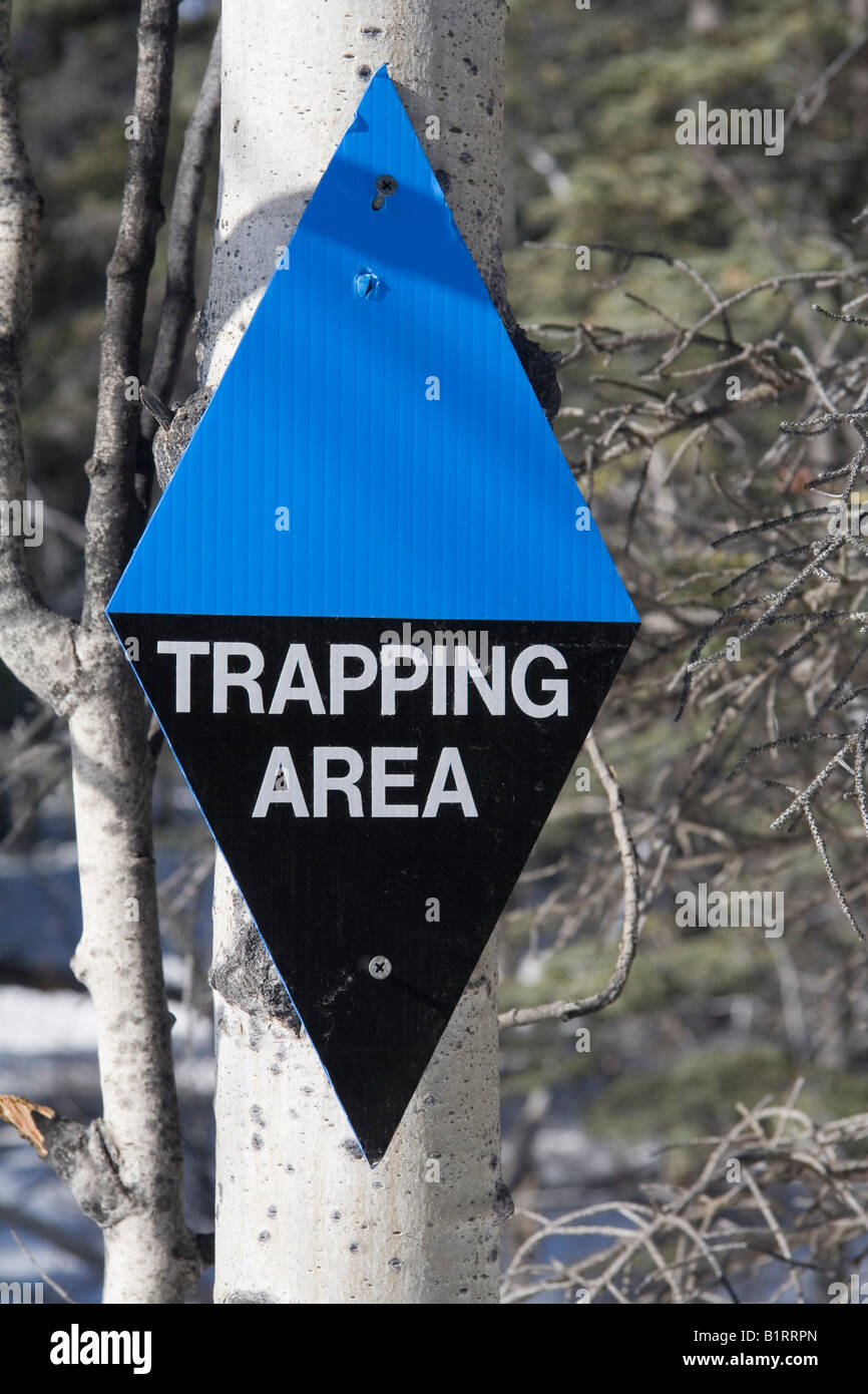 Warning sign, trapping area, Yukon Territory, Canada, North America Stock Photo