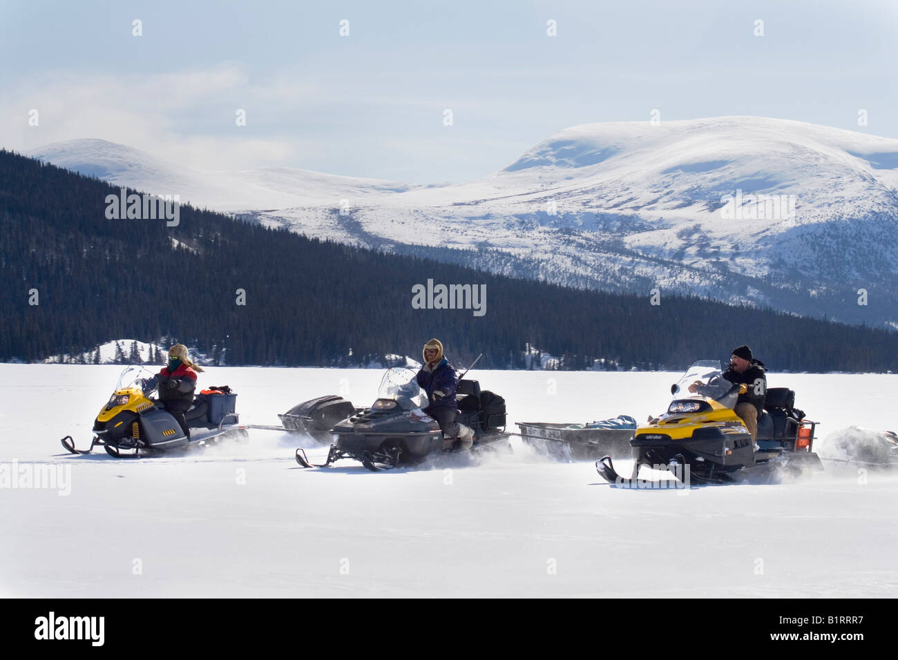 Hunters driving snowmobiles or skidoos, Yukon Territory, Canada, North America Stock Photo