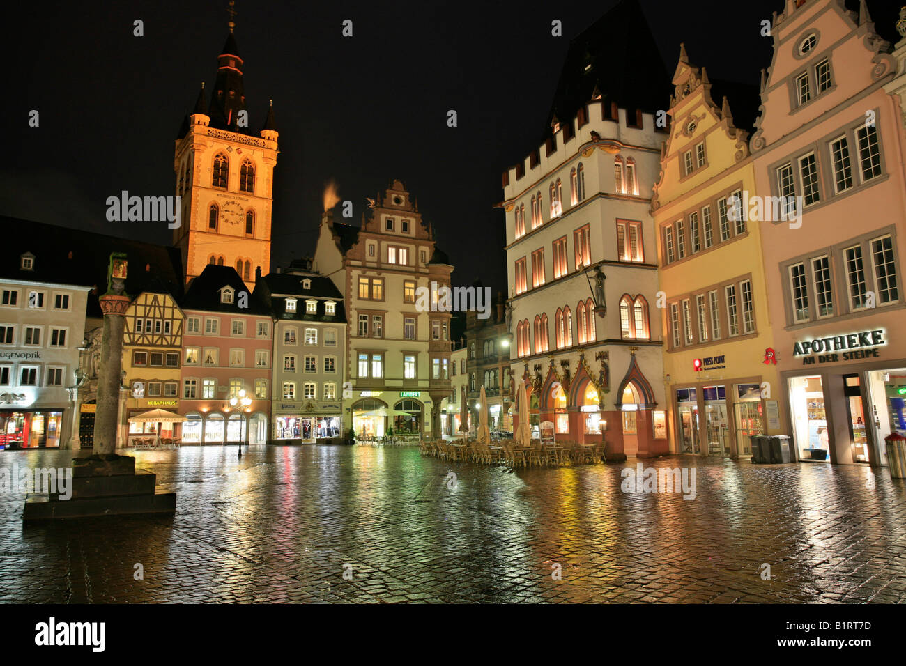 Main market square, the St. Gangolf Church, the market cross and the Steipe in the Roman town Trier, Rhineland-Palatinate, Germ Stock Photo