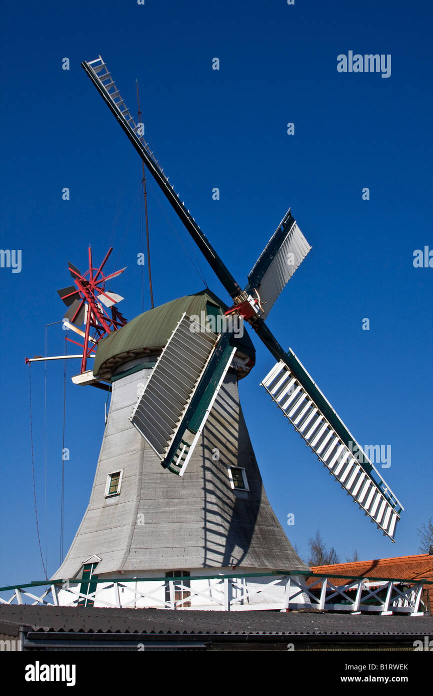 Historic Dutch windmill with wind rose, Wittmund, East Friesland, Lower Saxony, Germany, Europe Stock Photo