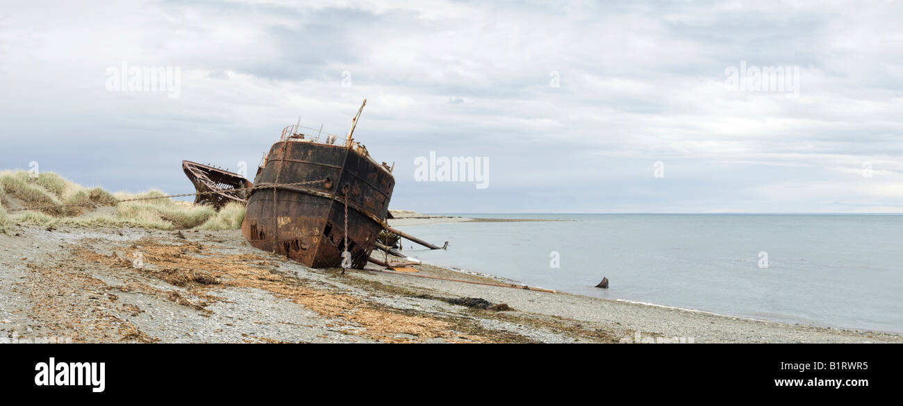 Panoramic view of shipwrecks near San Gregorio, Strait of Magellan, Patagonia, Chile, South America Stock Photo