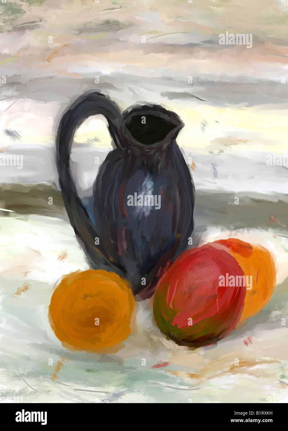 Still life painting with fruit and pitcher Stock Photo