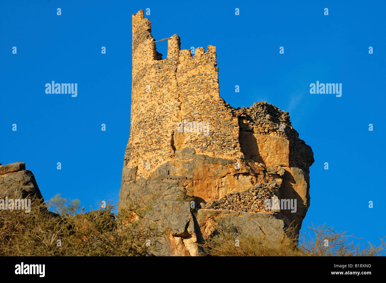 Old watchtower ruins, Misfah al-Ibriyeen, Oman, Middle East Stock Photo