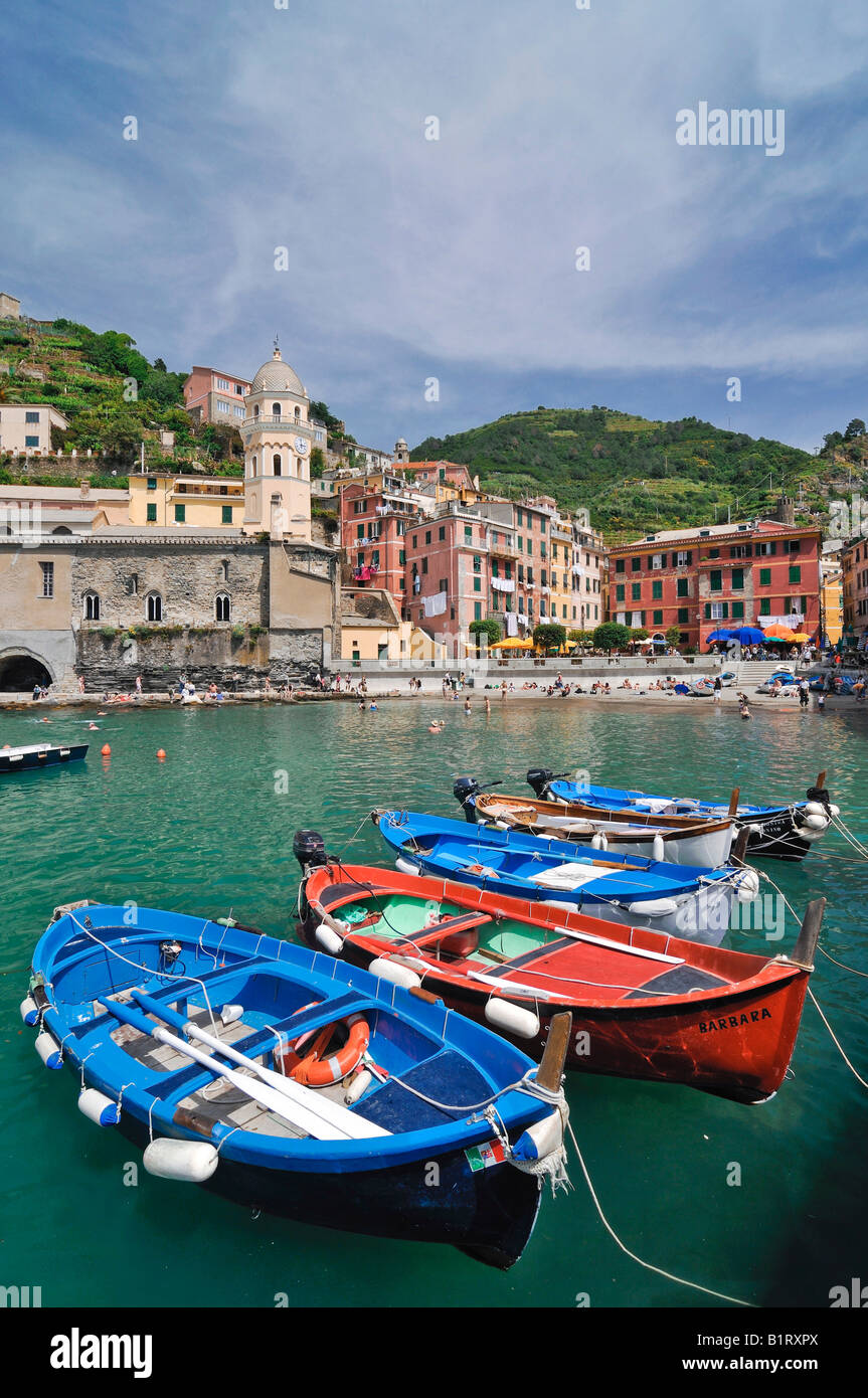 View of the harbour in Vernazzo with the sea and fishing boats in the foreground, Ligurien, Cinque Terre, Italy, Europe Stock Photo