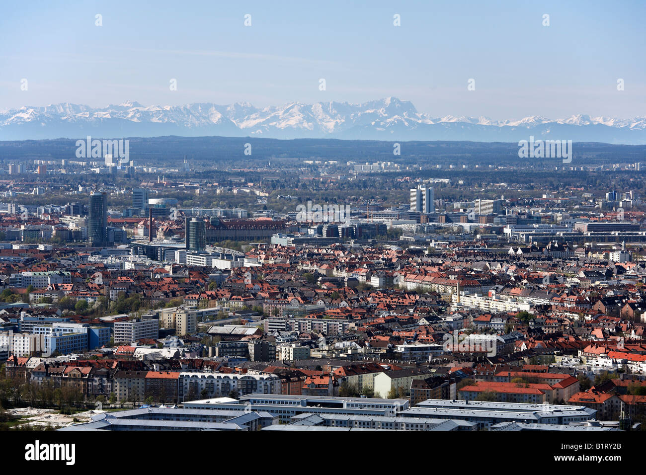 View of the Alps, Zugspitze, and Neuhausen from Olympia Park TV tower, Munich, Bavaria, Germany, Europe Stock Photo