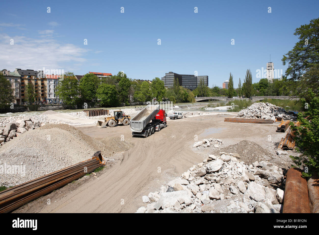 Building site for the renaturalization of the Isar River, view from Reichenbachbruecke Bridge, in the back: European Patent Off Stock Photo