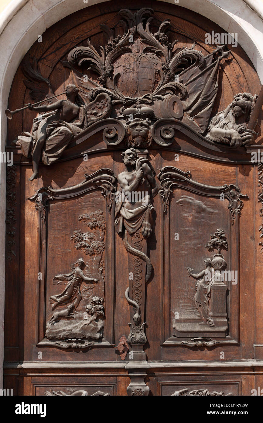 Door on the eastern facade, New Schleissheim Palace, Oberschliessheim, near Munich, Upper Bavaria, Germany, Europe Stock Photo