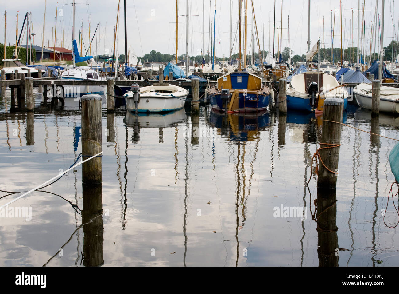 small sailing boats in yacht harbor with reflection of masts in water ...