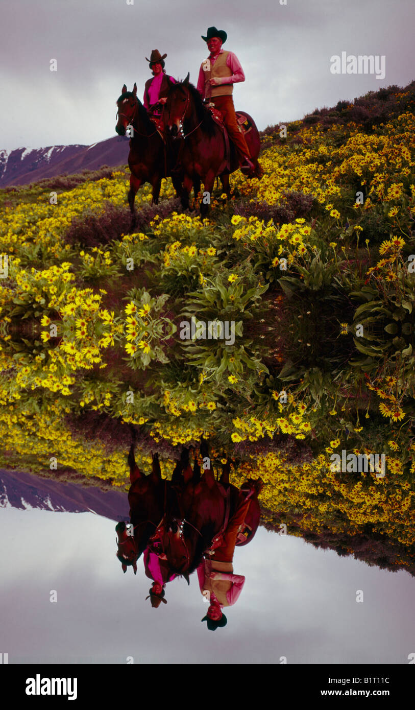 Two horseback riders passing through a field of Arrowleaf Balsamroot wildflowers reflected in a tiny pond Stock Photo