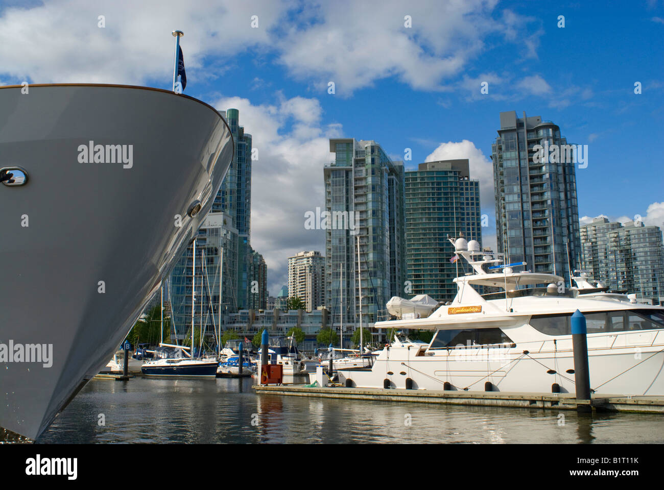 Luxury yachts docked in False Creek Vancouver on the Fraser River Stock Photo