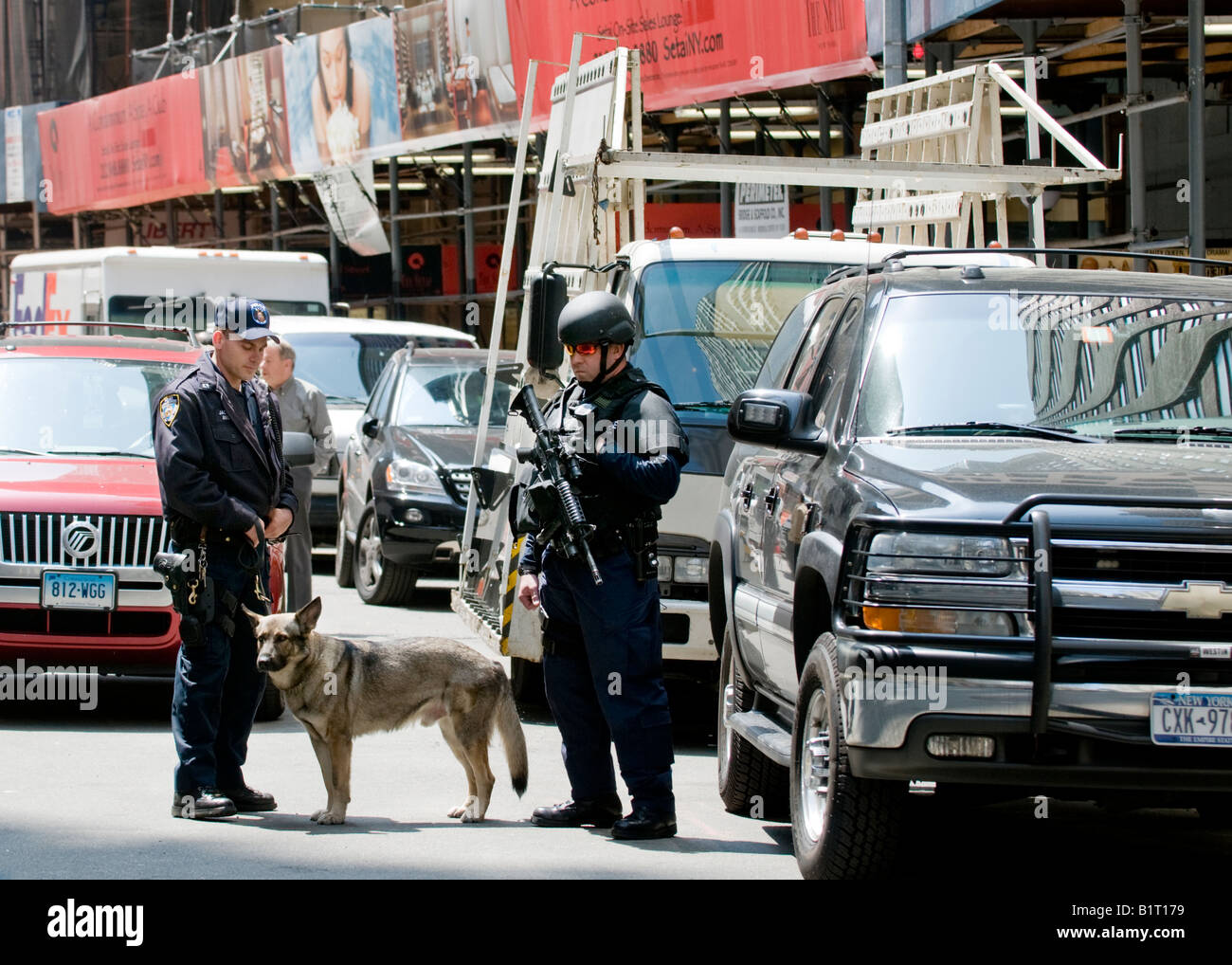 New York armed policeman chatting with a dog handler Stock Photo Alamy