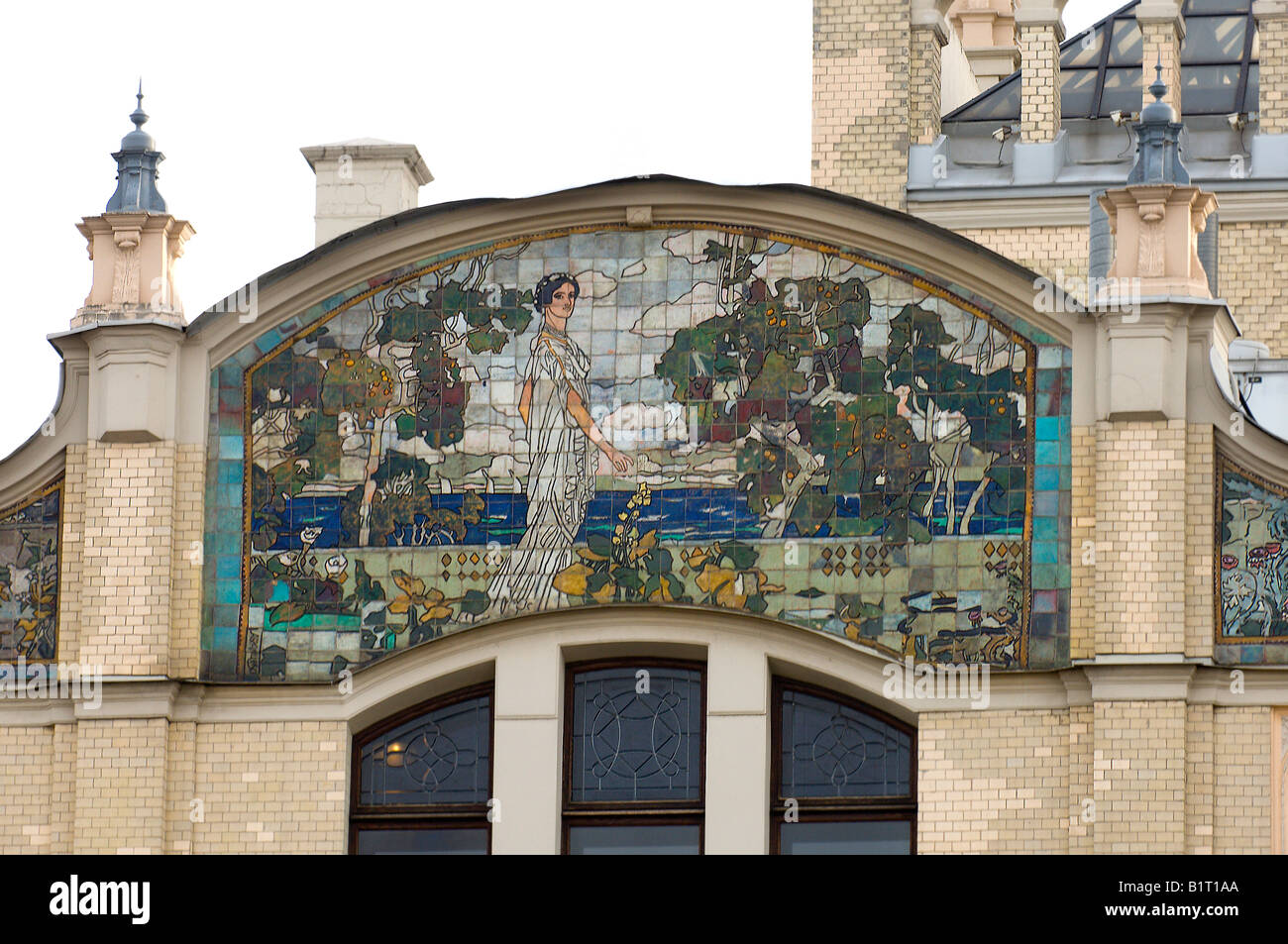 Art Nouveau mosaic decoration to the southern corner of The Hotel Metropol Revolution Square Moscow Russia Stock Photo