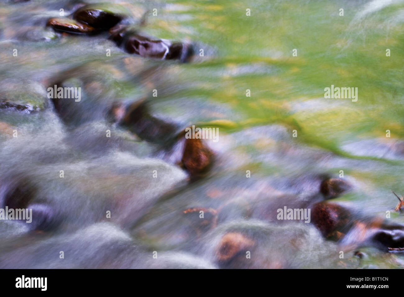 Long exposure of water flowing over stones in a Scottish river at Cawdor woods, Nairnshire, Scotland Stock Photo
