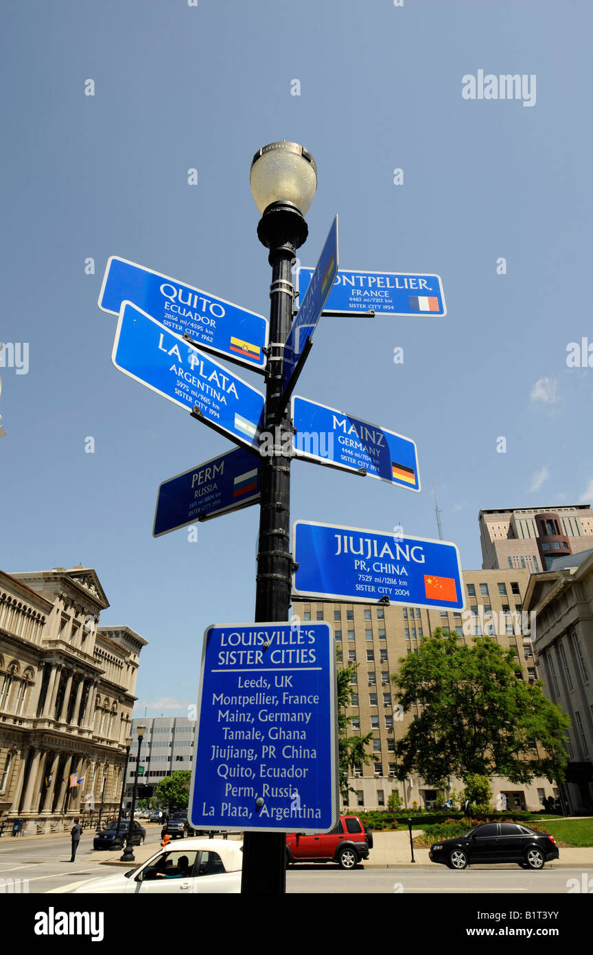 Louisville Kentucky KY sister cities on a downtown sign Stock Photo - Alamy