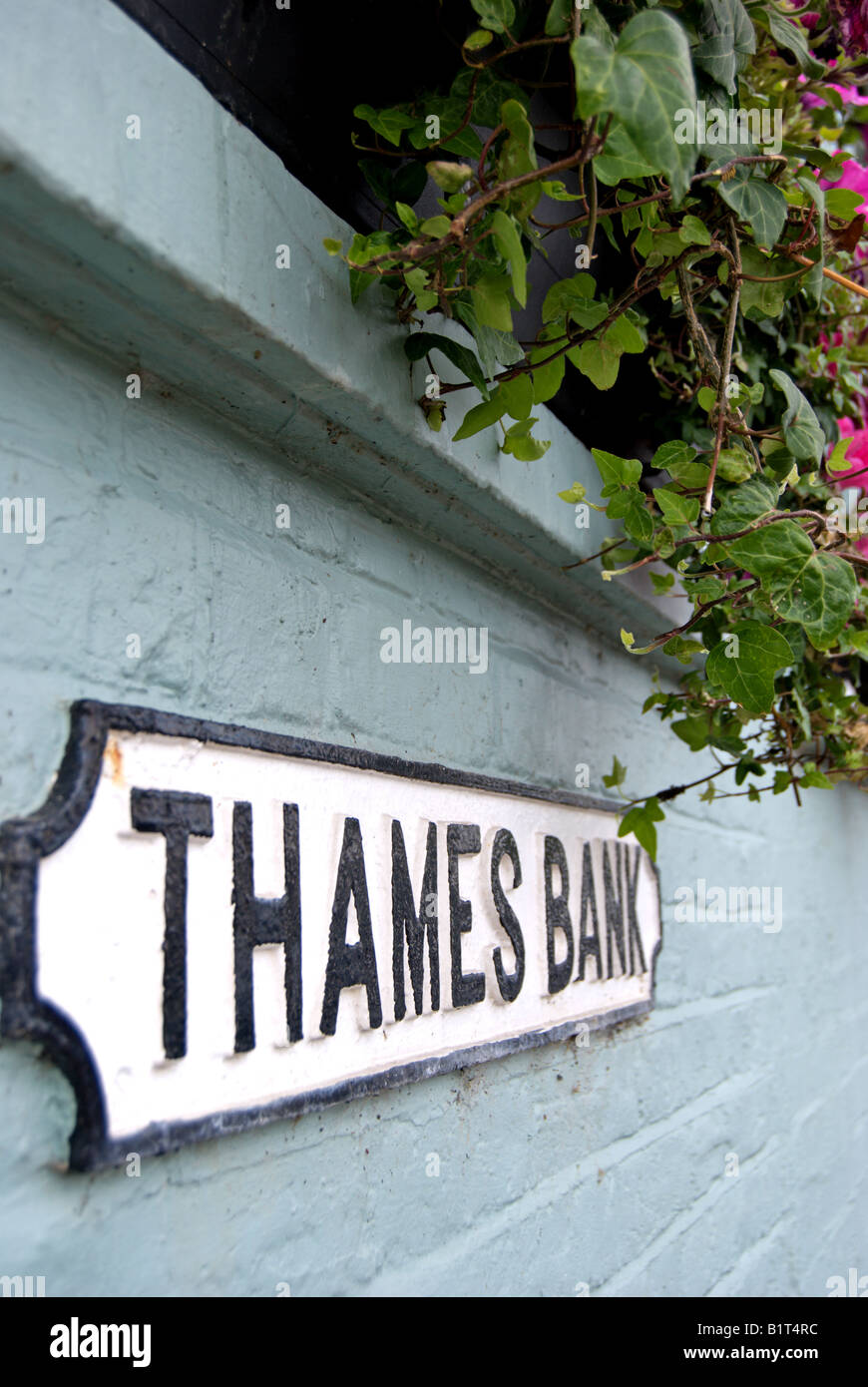 street sign for thames bank, facing the river thames in mortlake,  london, england Stock Photo