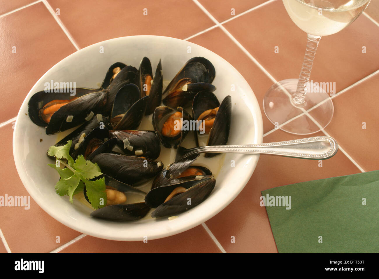 Steamed mussels served with fresh herbs and a white wine, butter and garlic sauce make a flavourful and healthy seafood meal Stock Photo
