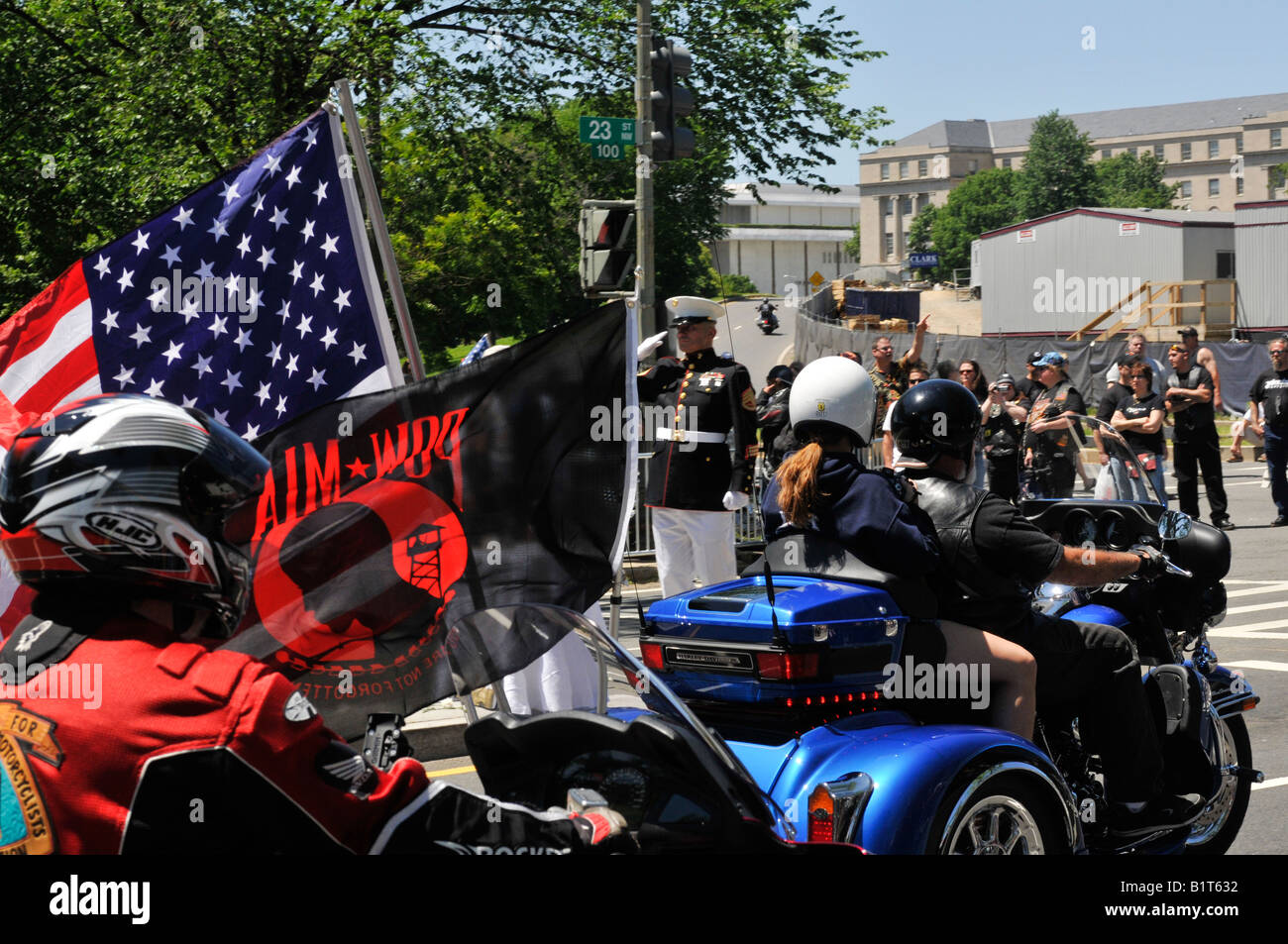 A motorcycle with the American flag in the rally during Rolling Thunder ...