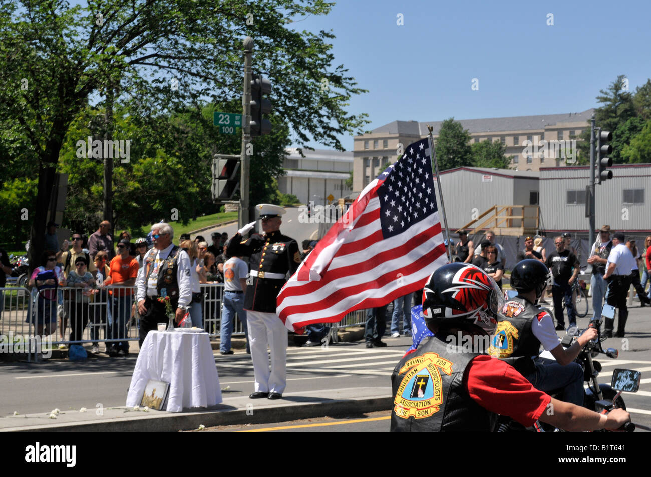 A motorcycle with the American flag in the rally during Rolling Thunder 2008. Stock Photo
