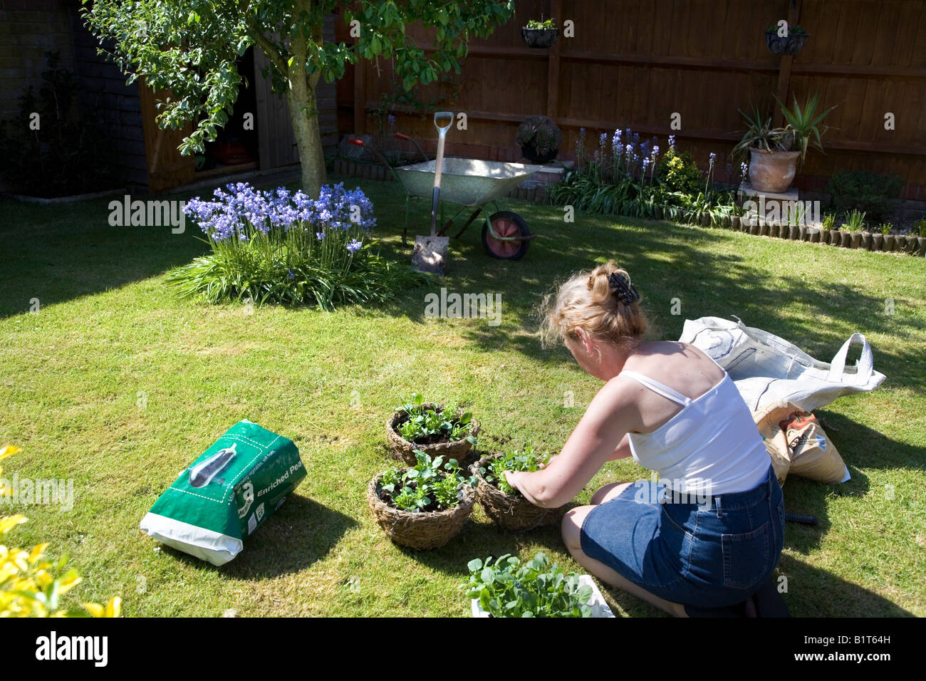 A MIDDLE AGED WOMAN IS PLANTING HANGING BASKETS ON THE LAWN WITH YOUNG