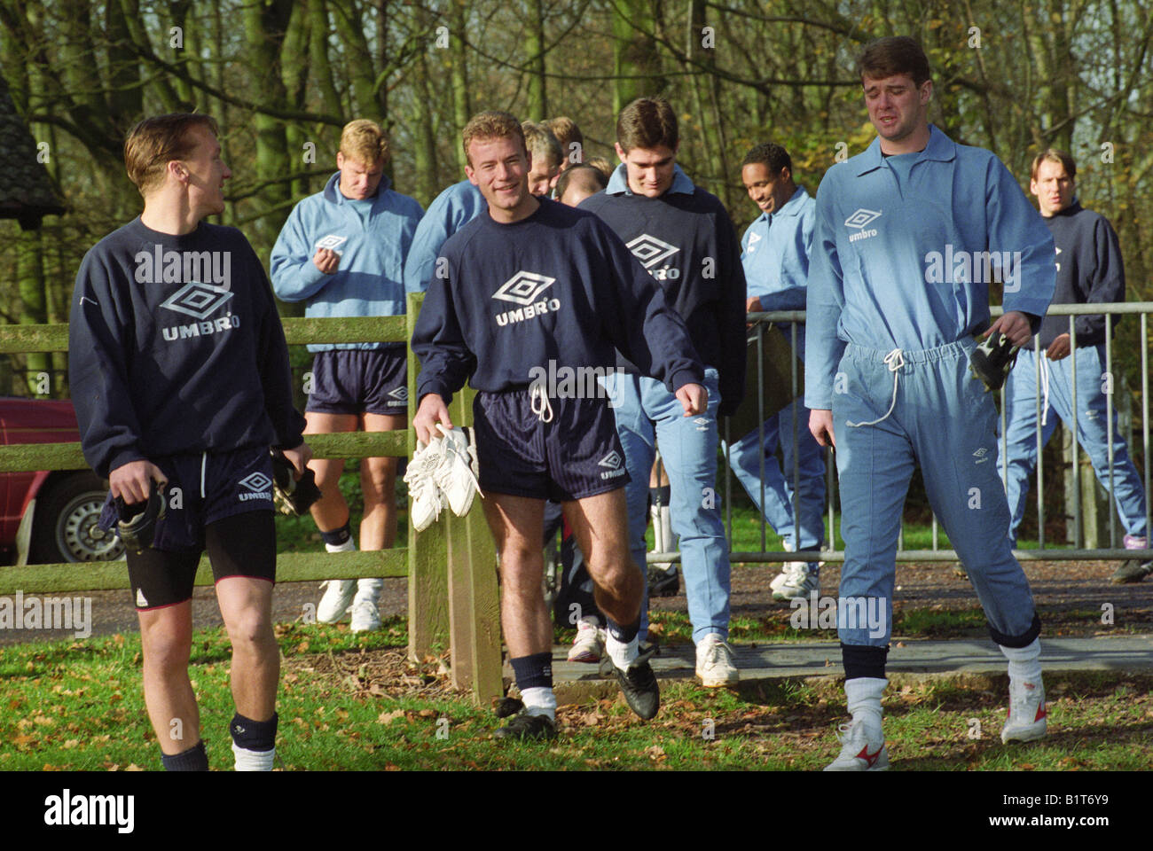 The England Football Squad Training At Lilleshall 13 11 92 Lee Dixon Alan Shearer And Gary Pallister Lead The Way Stock Photo Alamy