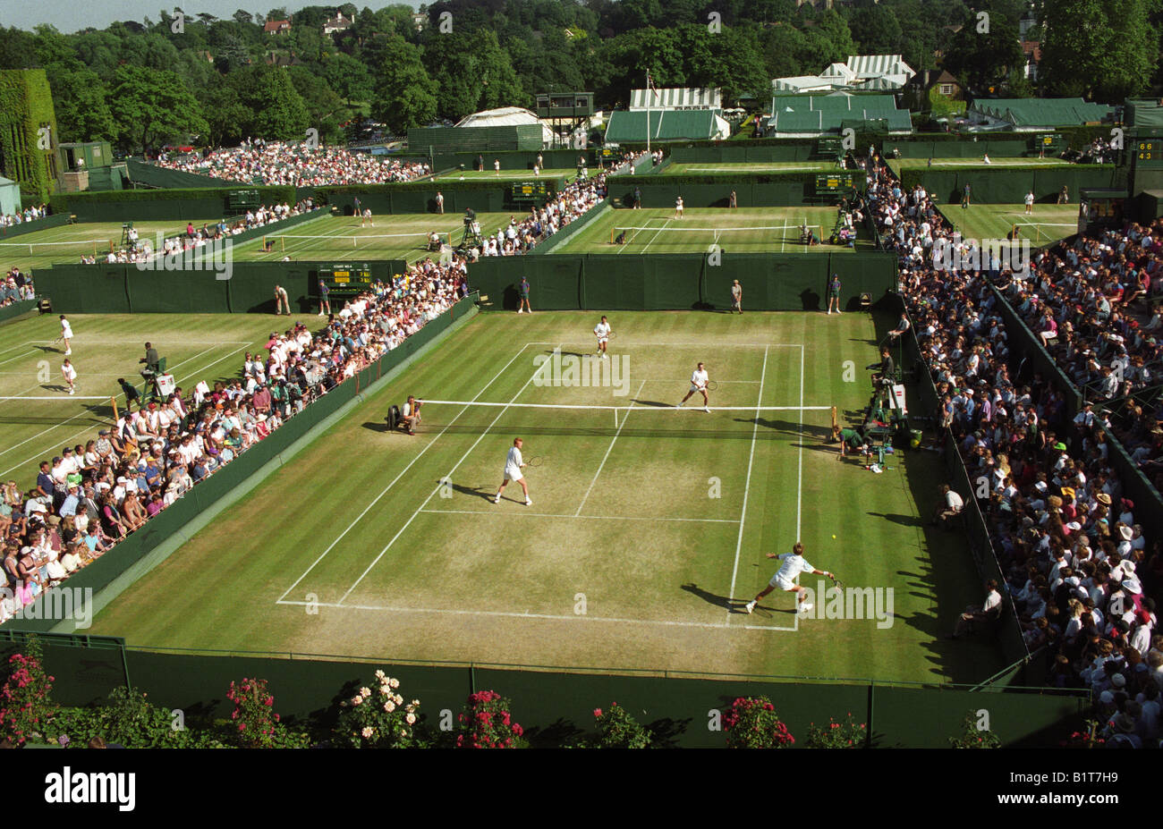 Aerial view of outside courts at Wimbledon Tennis Championships in 1993 Stock Photo