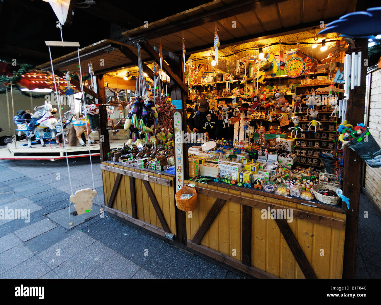 handcrafted decoration objects on display in stall on Christmas market in Duesseldorf Germany Stock Photo