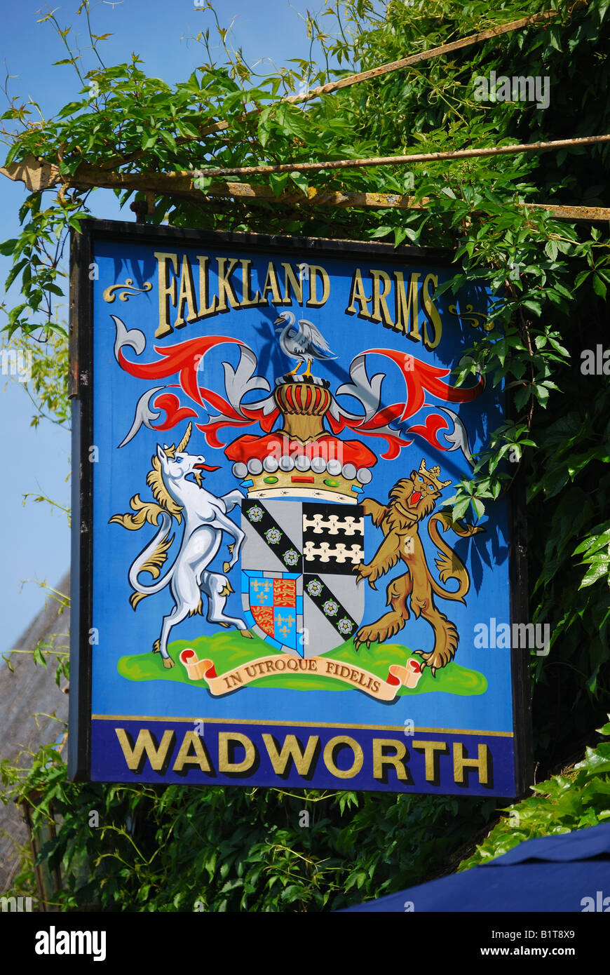 The Falkland Arms sign, Great Tew, Oxfordshire, England, United Kingdom Stock Photo
