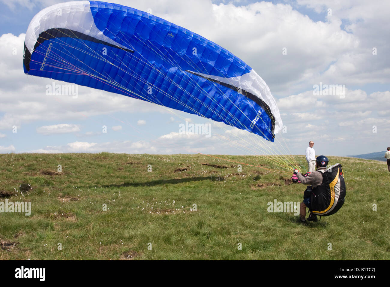 wind fills the Para Glider Canopy Ready to take off from Buckstones