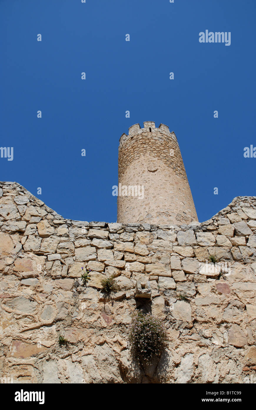 a tower of Almansa Castle, Almansa, Albacete Province, Castile-La-Mancha, Spain Stock Photo